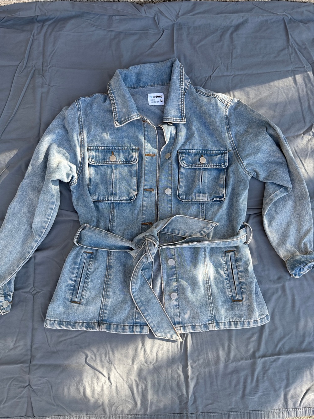 Light Blue Denim Belted Jacket - Women's Casual Jean Coat
